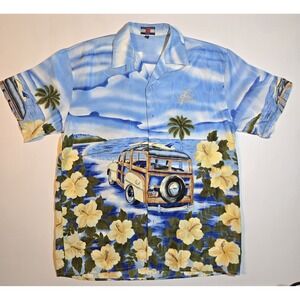 NWT SCORPION USA Hawaiian Shirt Mens Large Blue Foil Floral Las Vegas Button Up